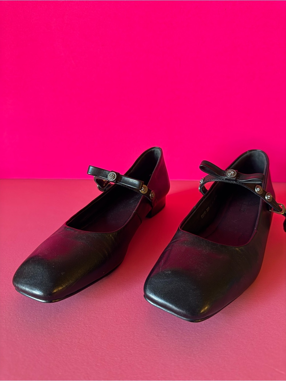 Women's Black Mary Jane Flats with Decorative Button Strap